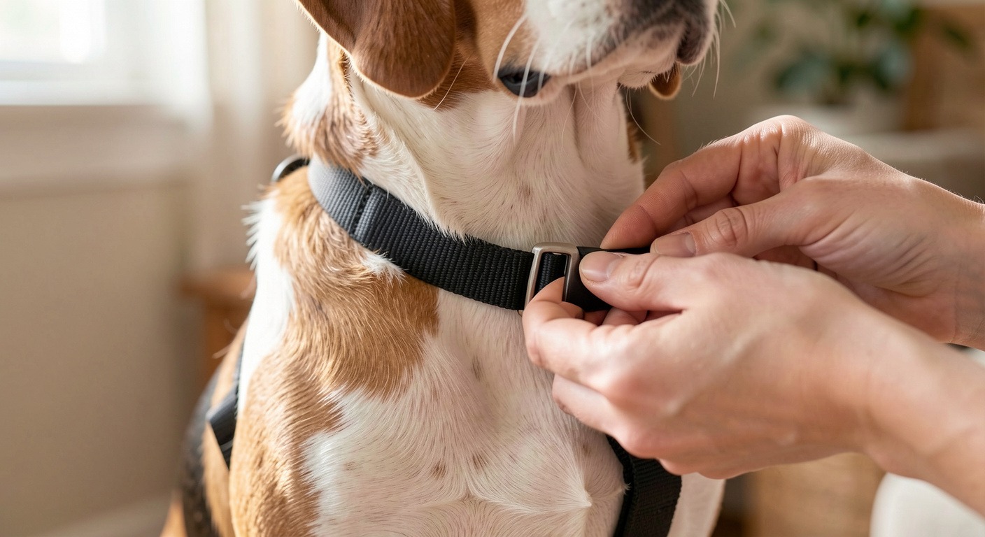 Dog Harness vs Collar: Which Is Best for Your Dog? 4 Person's hands adjusting harness chest strap on a calm beagle showing the two-finger fit check