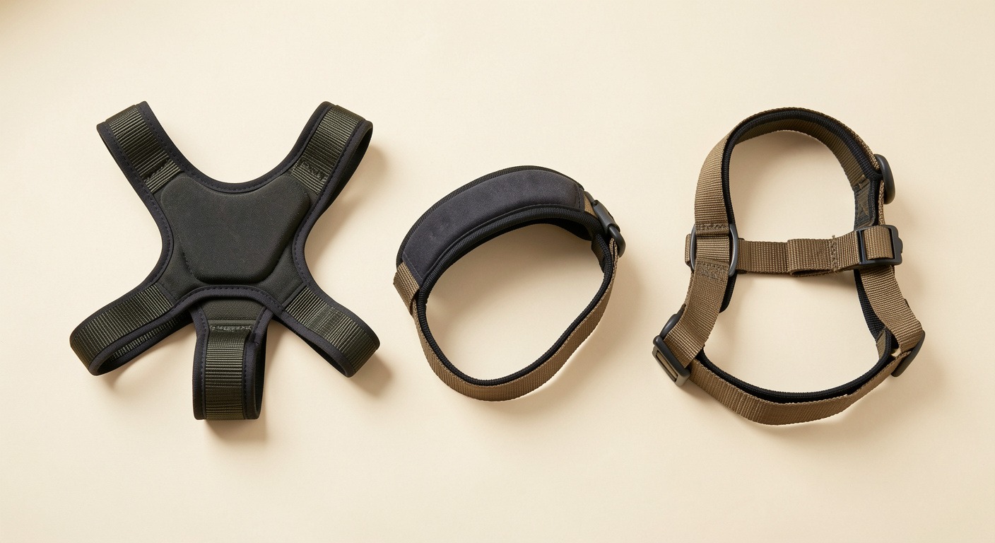 Dog Harness vs Collar: Which Is Best for Your Dog? 2 Three types of dog harnesses: Y-shaped front-clip, step-in, and back-clip harnesses laid out for comparison