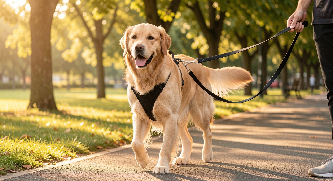 Dog Harness vs Collar: Which Is Best for Your Dog? 3 Happy golden retriever walking calmly on a loose leash attached to a front-clip harness in a sunny park