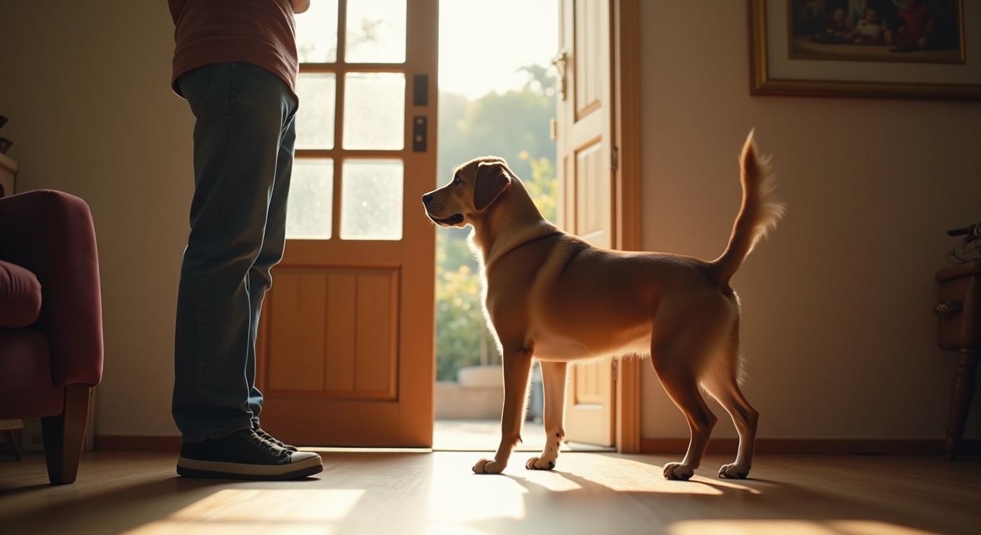 Dog standing calmly at front door with all four paws on ground while person ignores jumping attempt during greeting training
