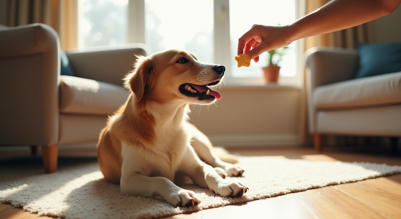 Happy dog sitting calmly with all four paws on the floor receiving a treat during positive reinforcement training