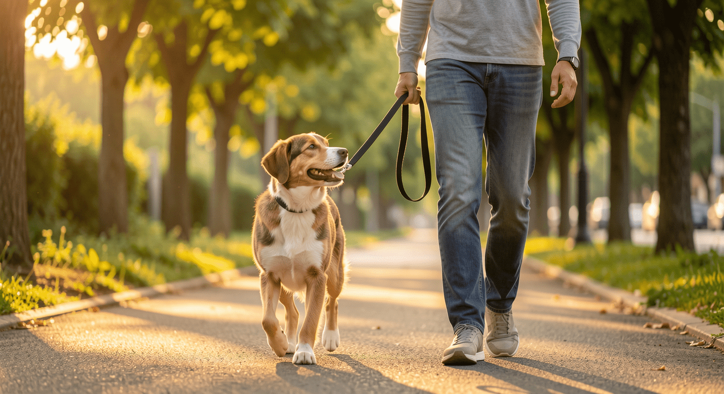 Happy dog walking calmly on loose leash with owner in warm golden hour light