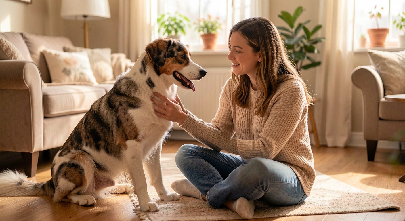 Rescue dog bonding with new owner, woman petting mixed-breed dog on floor with trust and affection