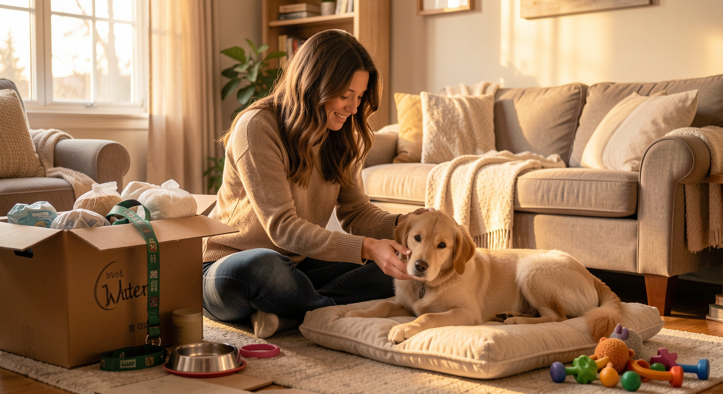 New dog owner bonding with rescue dog on first day home — cozy living room, supplies nearby, warm evening light