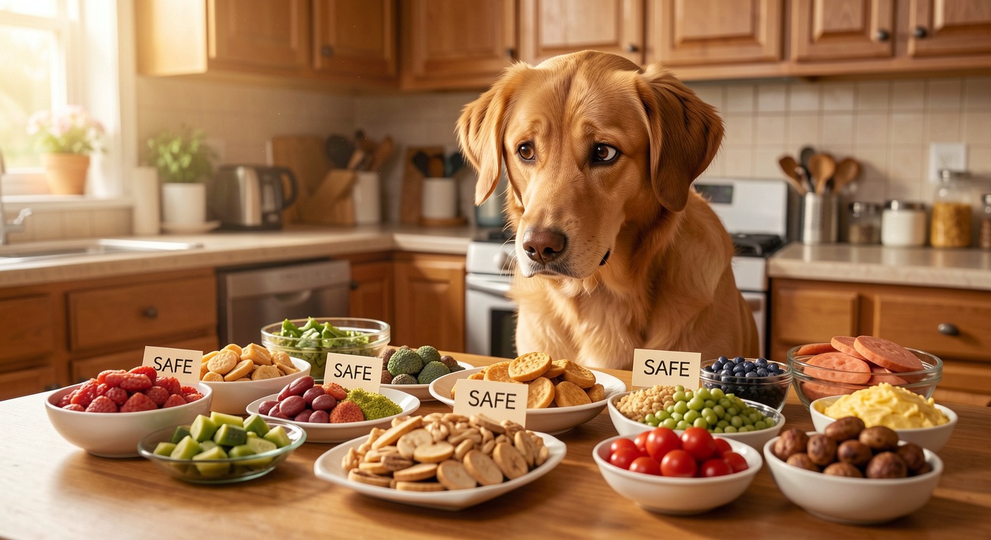 Dog looking curiously at array of human foods on kitchen table
