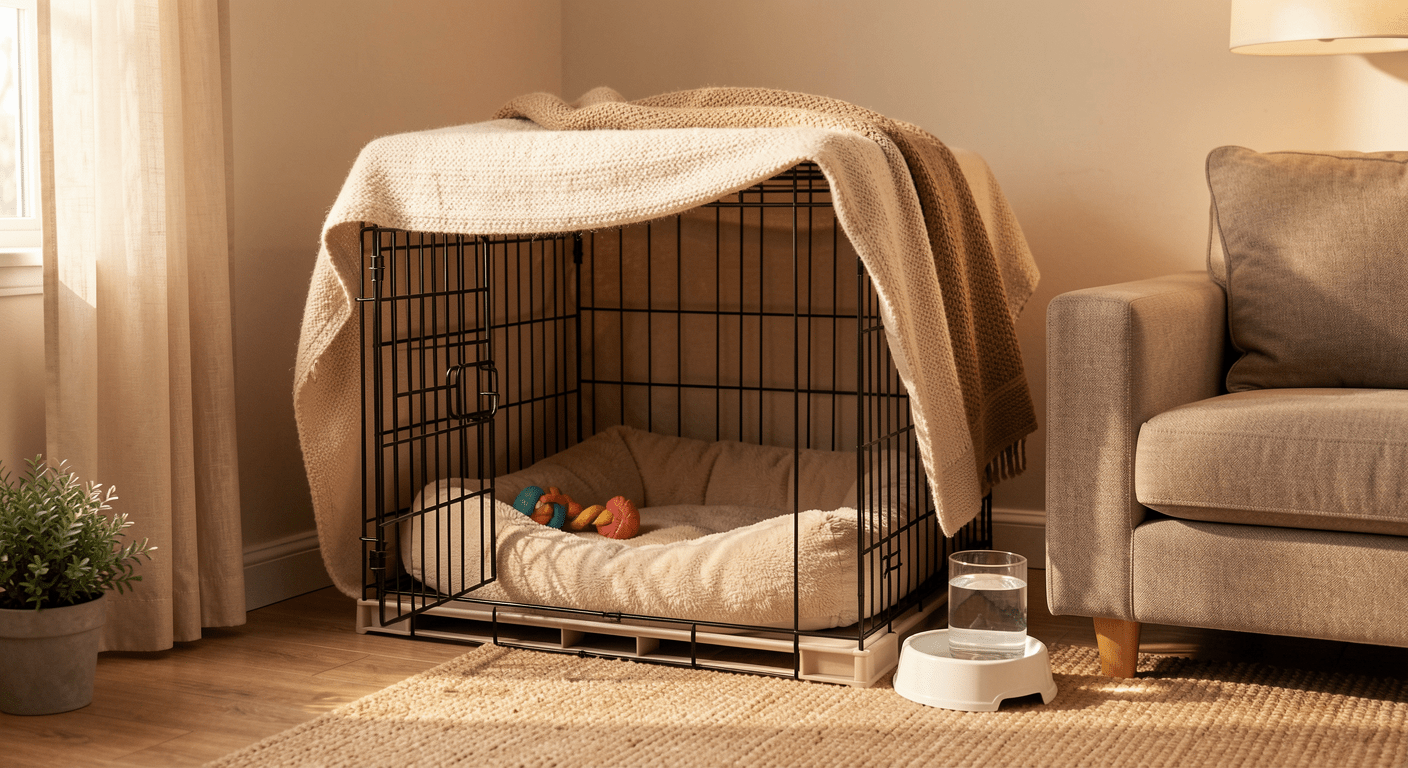First 30 Days with a Rescue Dog: A Week-by-Week Settling-In Guide 2 Open dog crate with soft bed and blanket creating safe den-like space