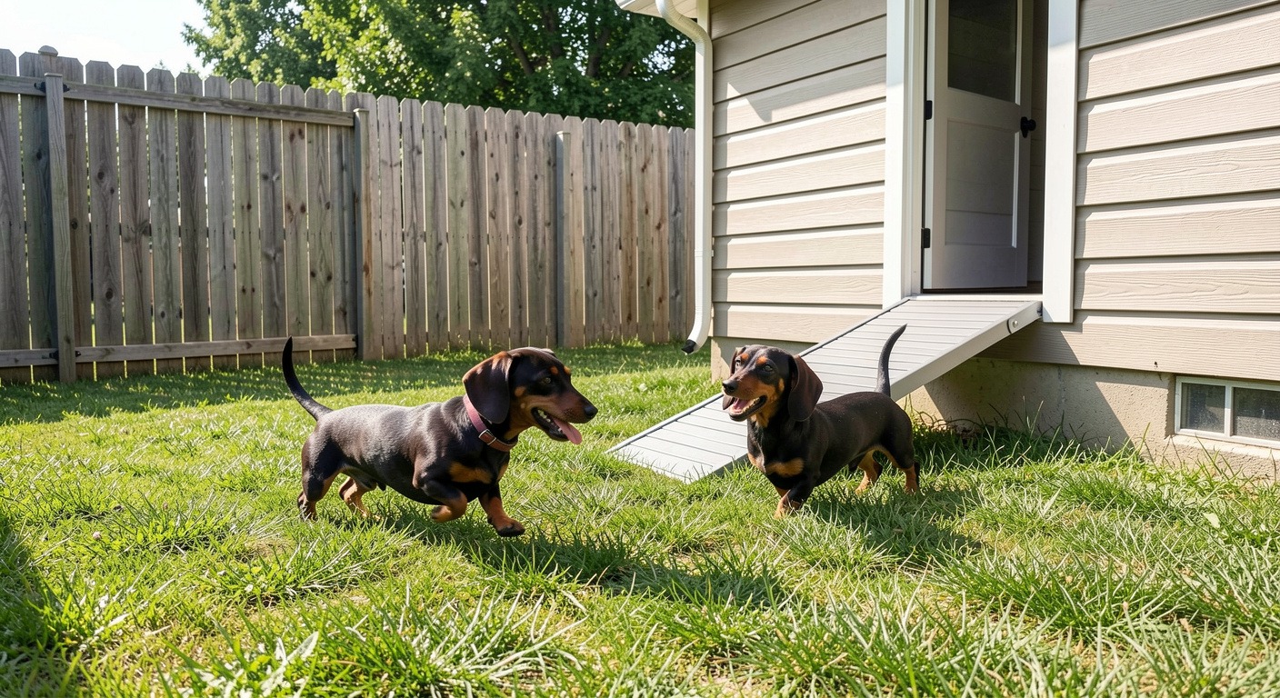 Dachshund Breed Guide: Temperament, Back Health, and What to Expect 4 Two dachshunds playing in safe fenced backyard with ramp