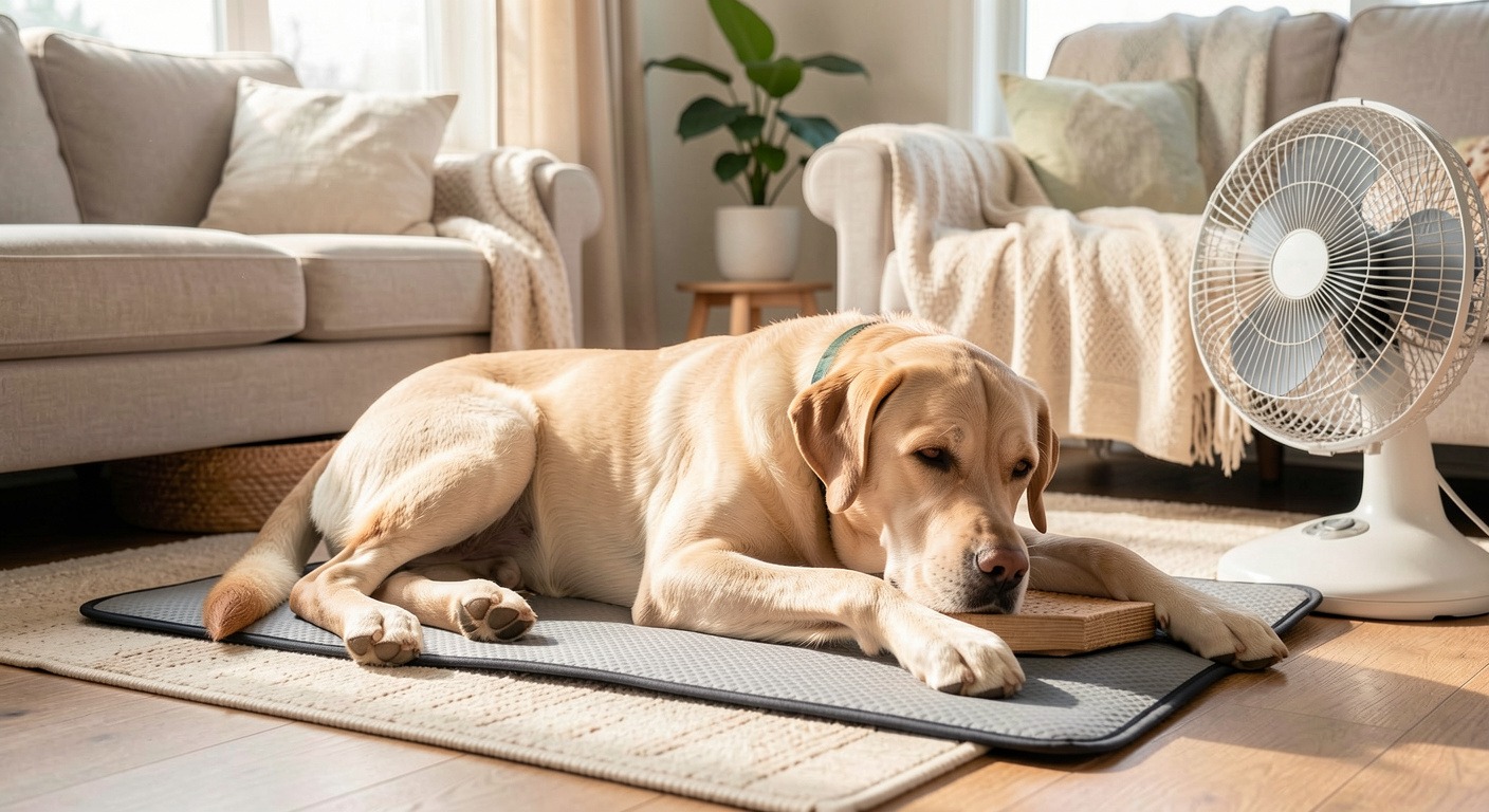 Summer Dog Safety Guide: 8 Tips to Keep Your Pup Cool, Happy & Healthy 3 Dog resting comfortably on cooling mat indoors with fan nearby