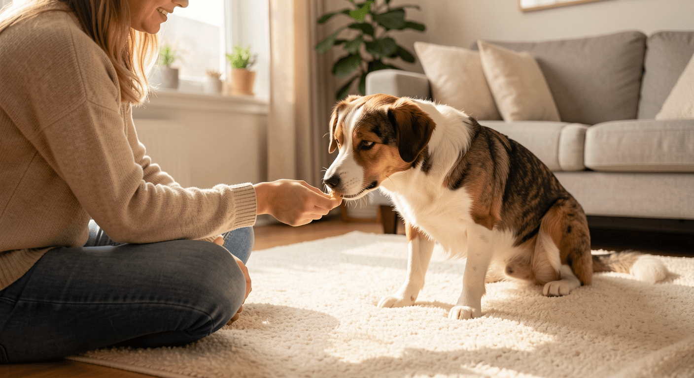 Person gently offering treat to rescue dog at eye level, trust-building moment on cream rug