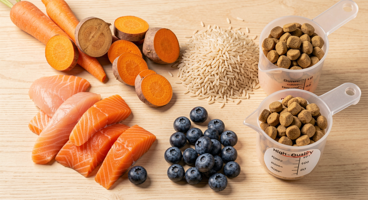 Healthy dog food ingredients — fresh chicken, salmon, sweet potato, carrots, blueberries, brown rice, and kibble on wooden surface