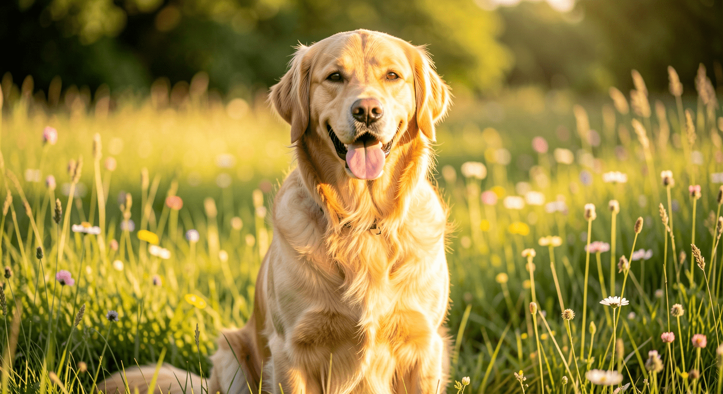 Majestic Golden Retriever sitting in sunny meadow with wildflowers, golden coat glowing