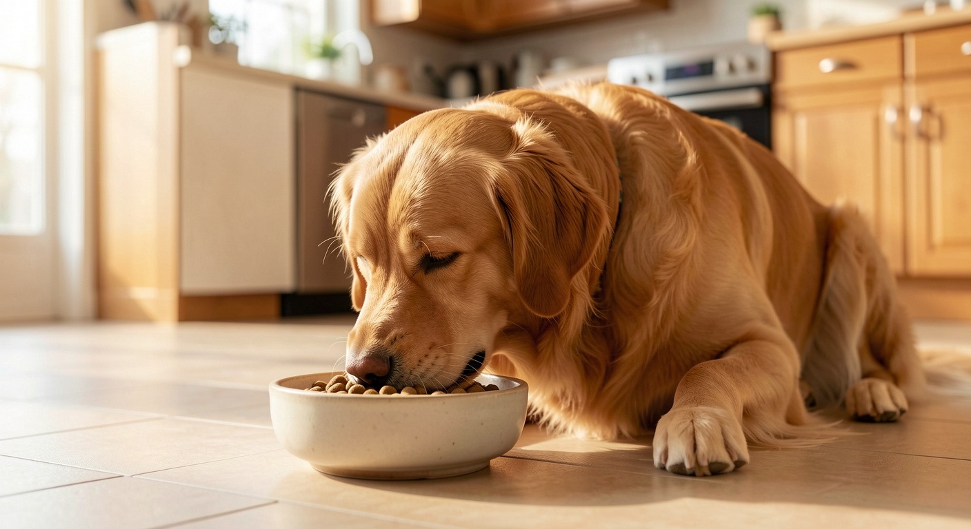 Best Dog Food for Sensitive Stomachs: Ingredients & Vet Tips 4 Healthy golden retriever eating gentle dog food from ceramic bowl at home