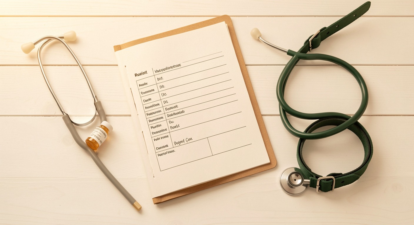 Dog Vaccination Schedule by Age: What Your Puppy and Adult Dog Need and When 3 Dog vaccination record booklet with vaccine vial and stethoscope