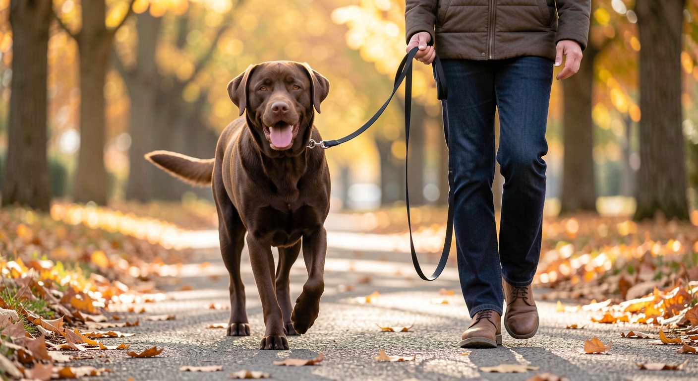 Brown Labrador walking calmly on loose leash outdoors
