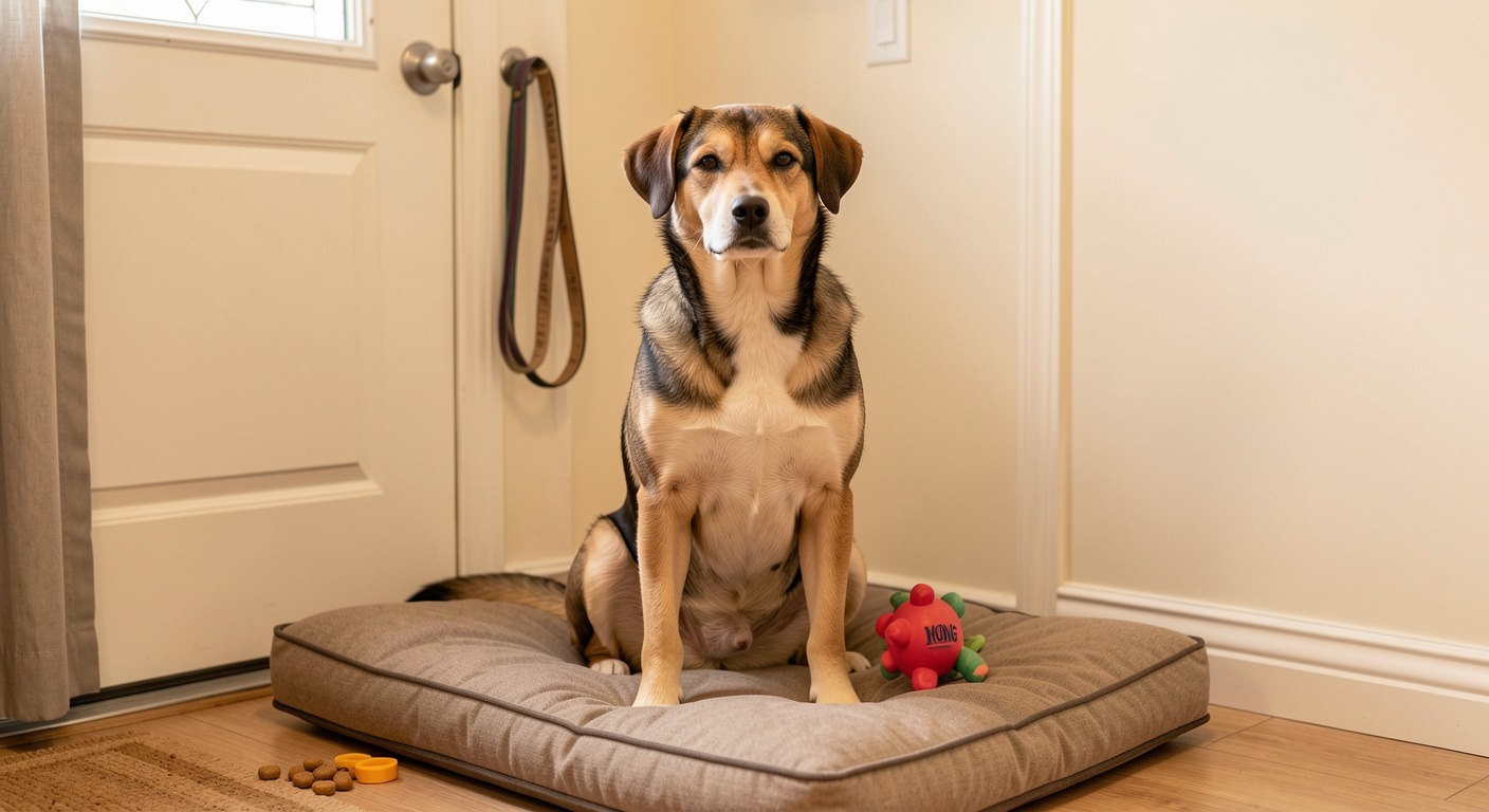 Calm dog sitting peacefully on a dog bed near the front door with toys nearby