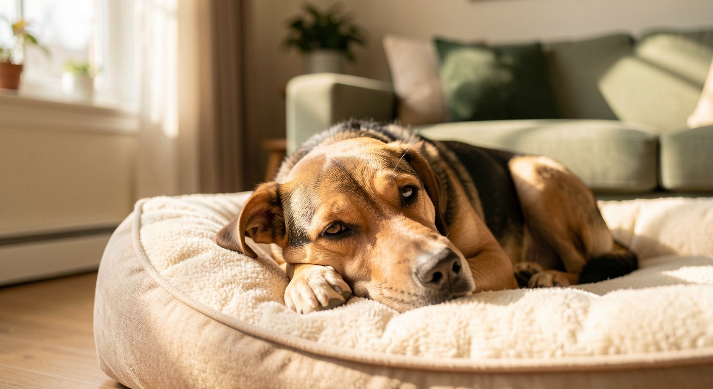Rescue dog resting peacefully on a cozy bed in a sunlit living room