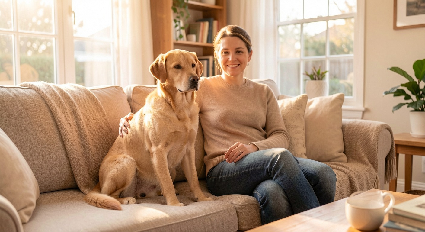 Calm dog sitting peacefully next to owner on sofa in bright living room