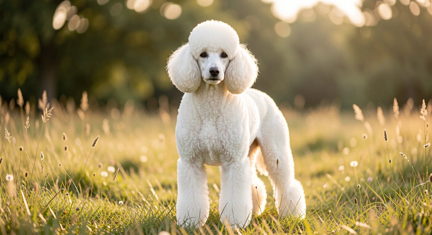 Standard Poodle standing calmly outdoors, showing curly coat and alert, friendly expression.