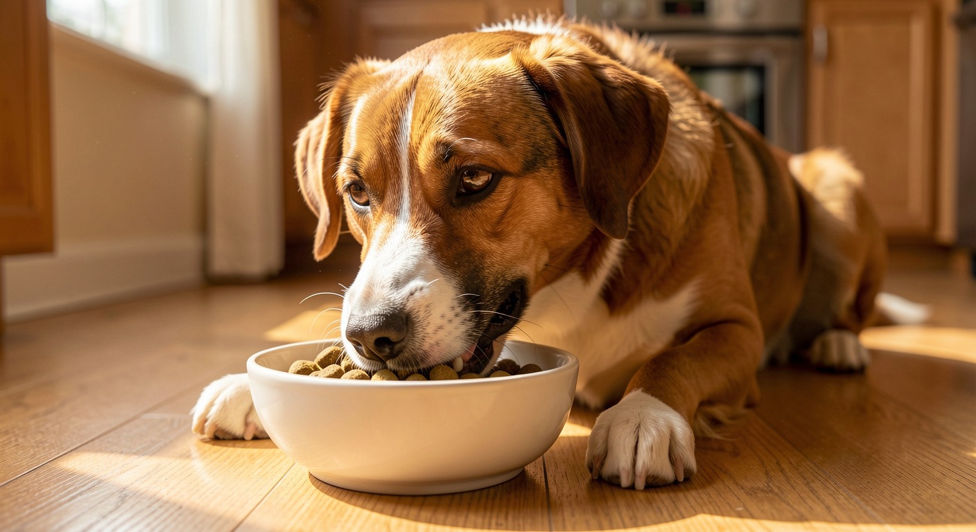 Good Dog Food Brands: How to Find the Right One for YOUR Dog 4 Healthy happy dog eating premium kibble from a ceramic bowl in a bright kitchen