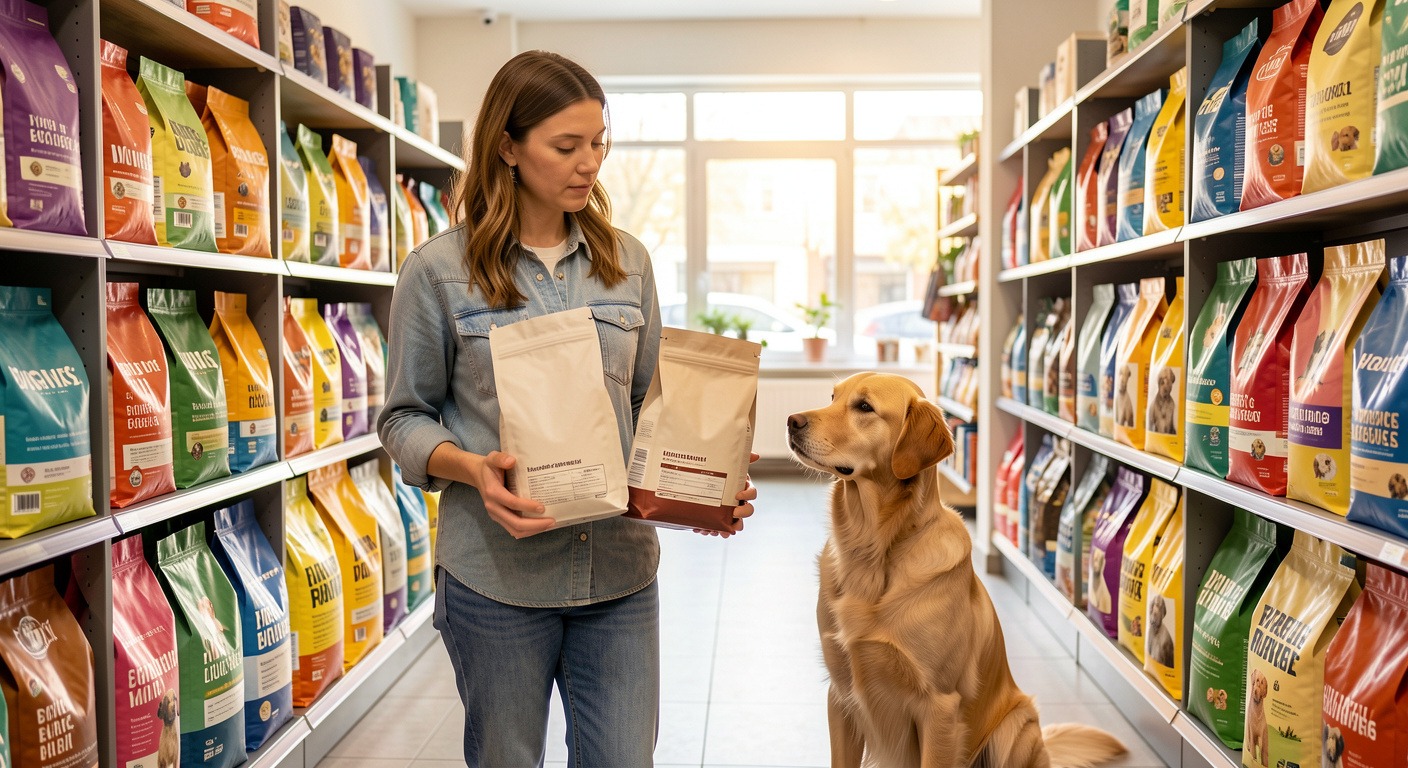 Dog owner carefully reading dog food labels in a pet store aisle with golden retriever — choosing good dog food brands
