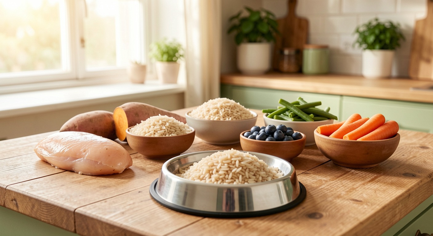 Fresh homemade dog food ingredients on wooden counter: chicken, rice, sweet potatoes, vegetables in small bowls with a stainless steel dog bowl