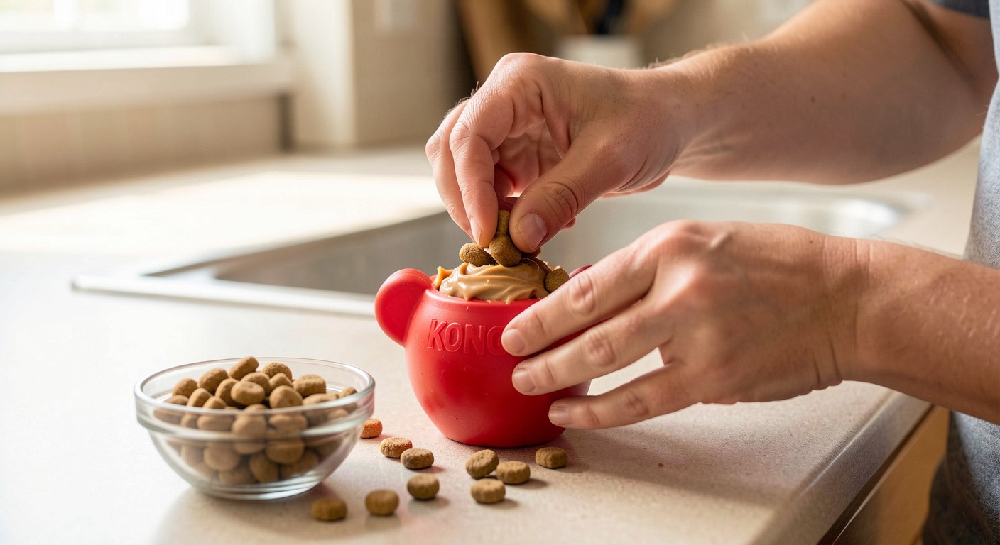 How to Crate Train a Puppy: A Positive, Step-by-Step Guide 3 Person's hands filling a red Kong toy with peanut butter and kibble