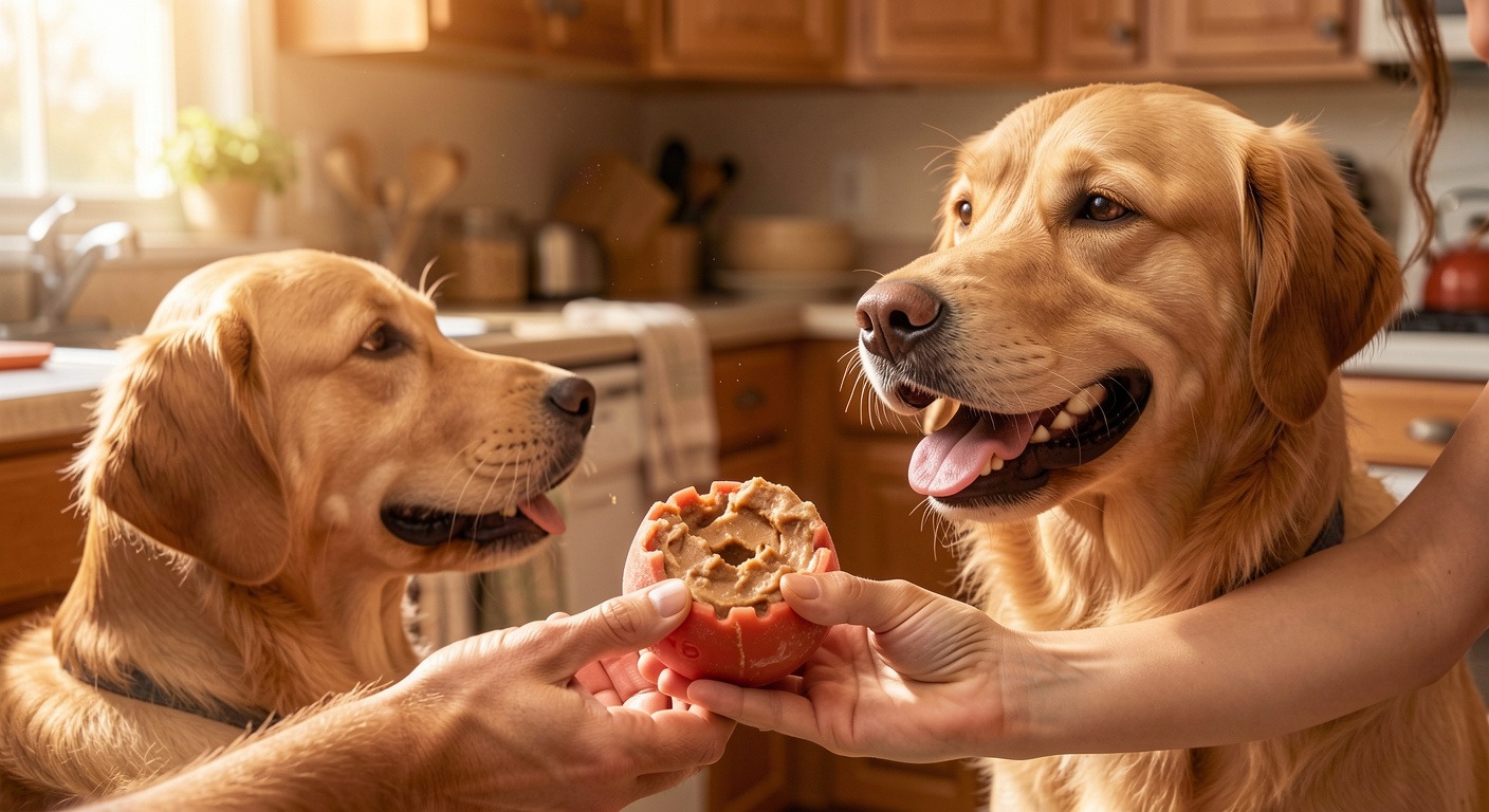 Dog owner handing a frozen Kong toy filled with peanut butter to an eager happy dog as a positive training treat