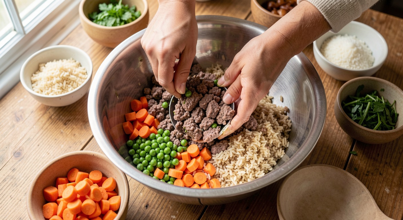 Homemade Dog Food: A Complete Guide to Safe, Balanced Meals 2 Person's hands mixing fresh homemade dog food ingredients in a large stainless steel bowl