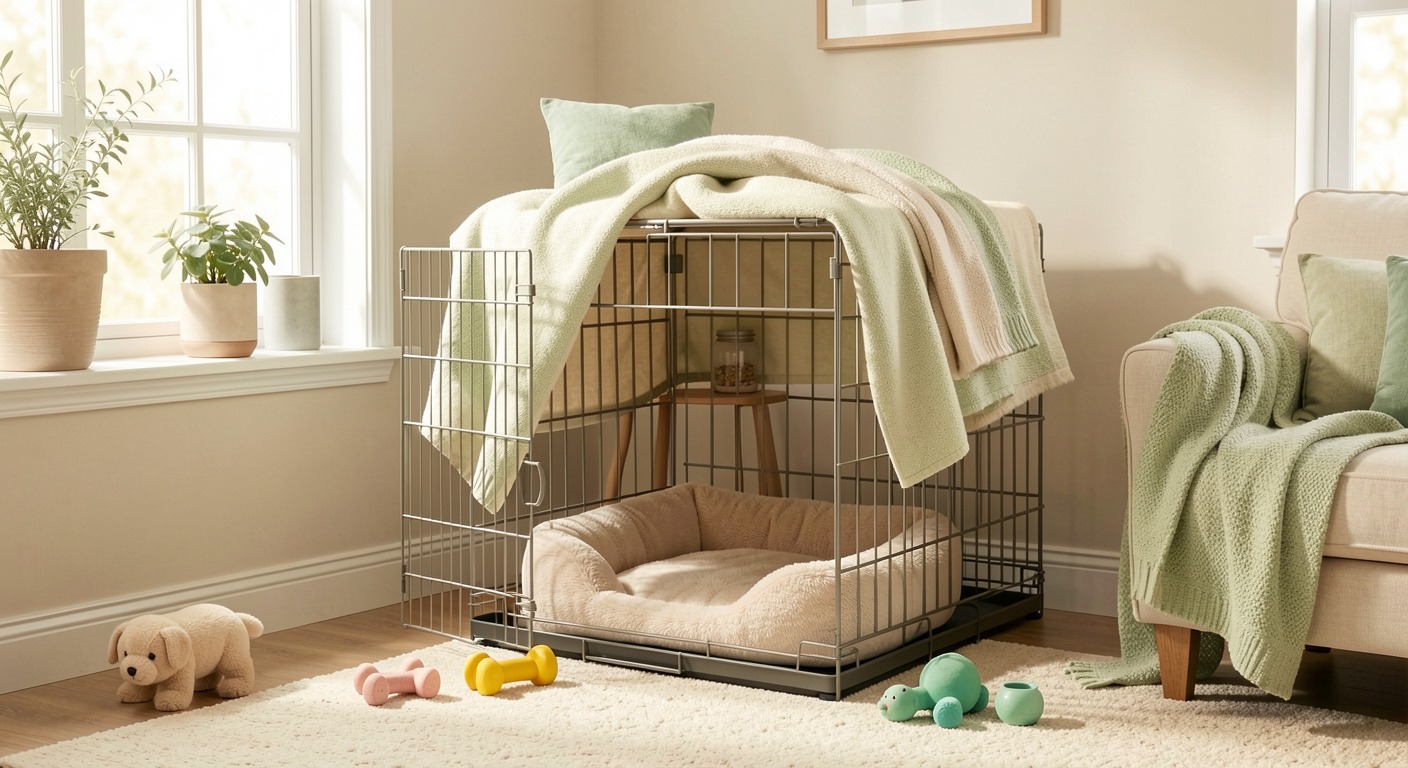 Cozy wire dog crate with open door, soft bed, and toys in a bright living room corner — welcoming den-like setup