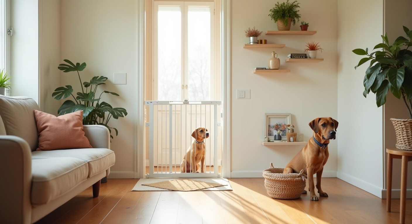 Safe puppy-proofed living room corner with tucked-away cords, high shelves, baby gate, and toy basket in warm cream tones