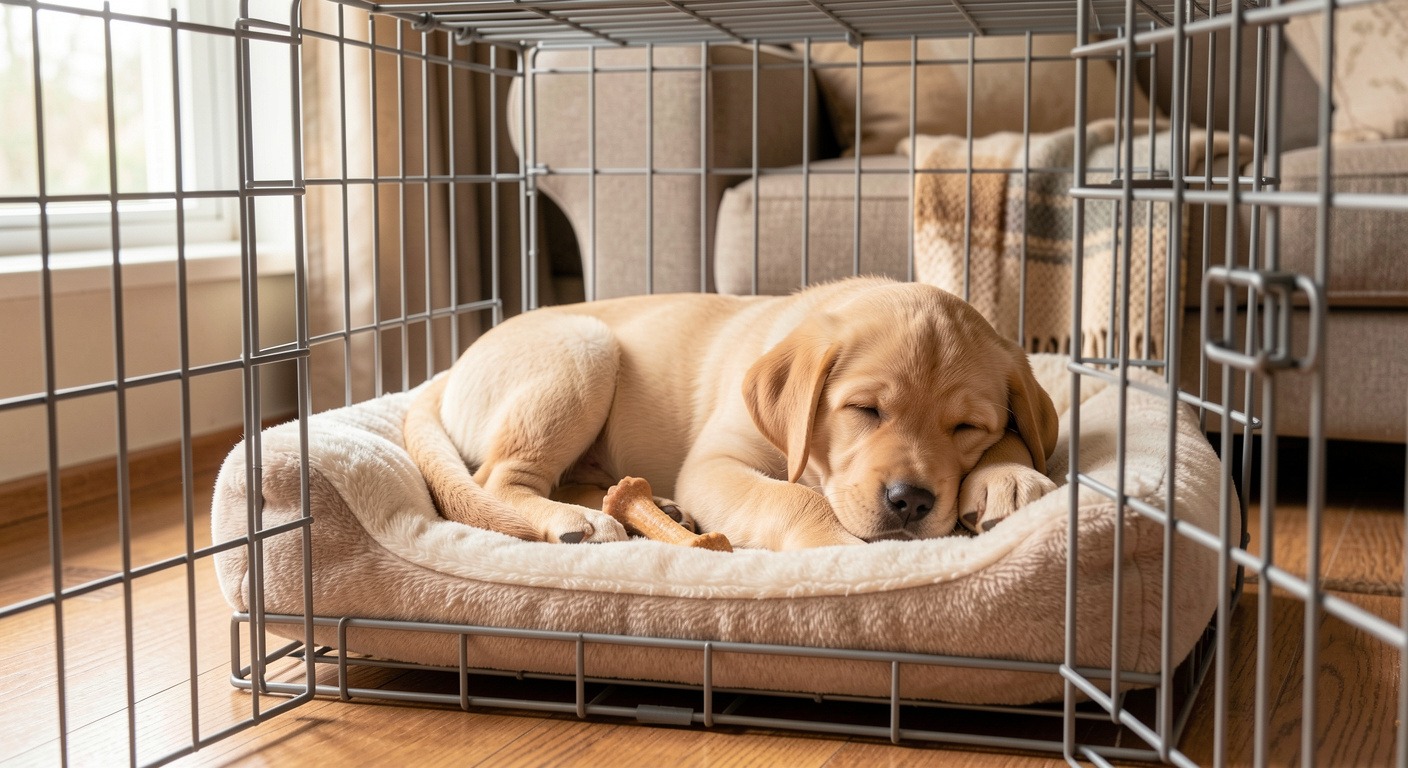 How to Crate Train a Puppy: A Positive, Step-by-Step Guide 2 Calm Labrador puppy resting peacefully inside an open-door wire crate with soft bed and chew toy