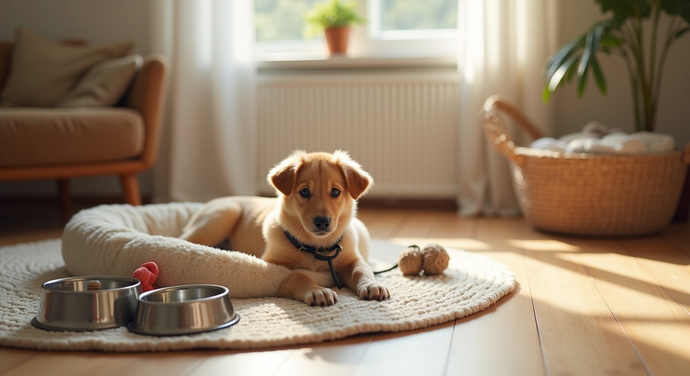 New puppy supplies arranged on a wooden floor including dog bed, chew toys, food bowls, collar, and leash in warm natural light