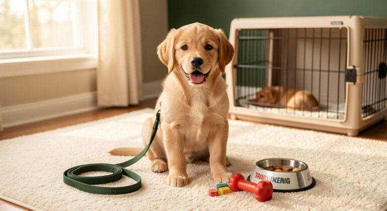 Happy golden retriever puppy with dog essentials — New Dog Owner Guide featured image for Puptify.com