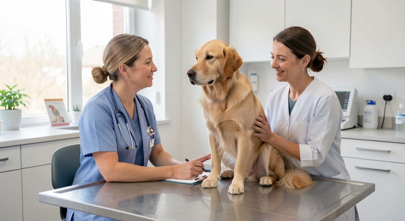 Veterinarian consulting with a dog owner in a modern clinic about canine separation anxiety treatment