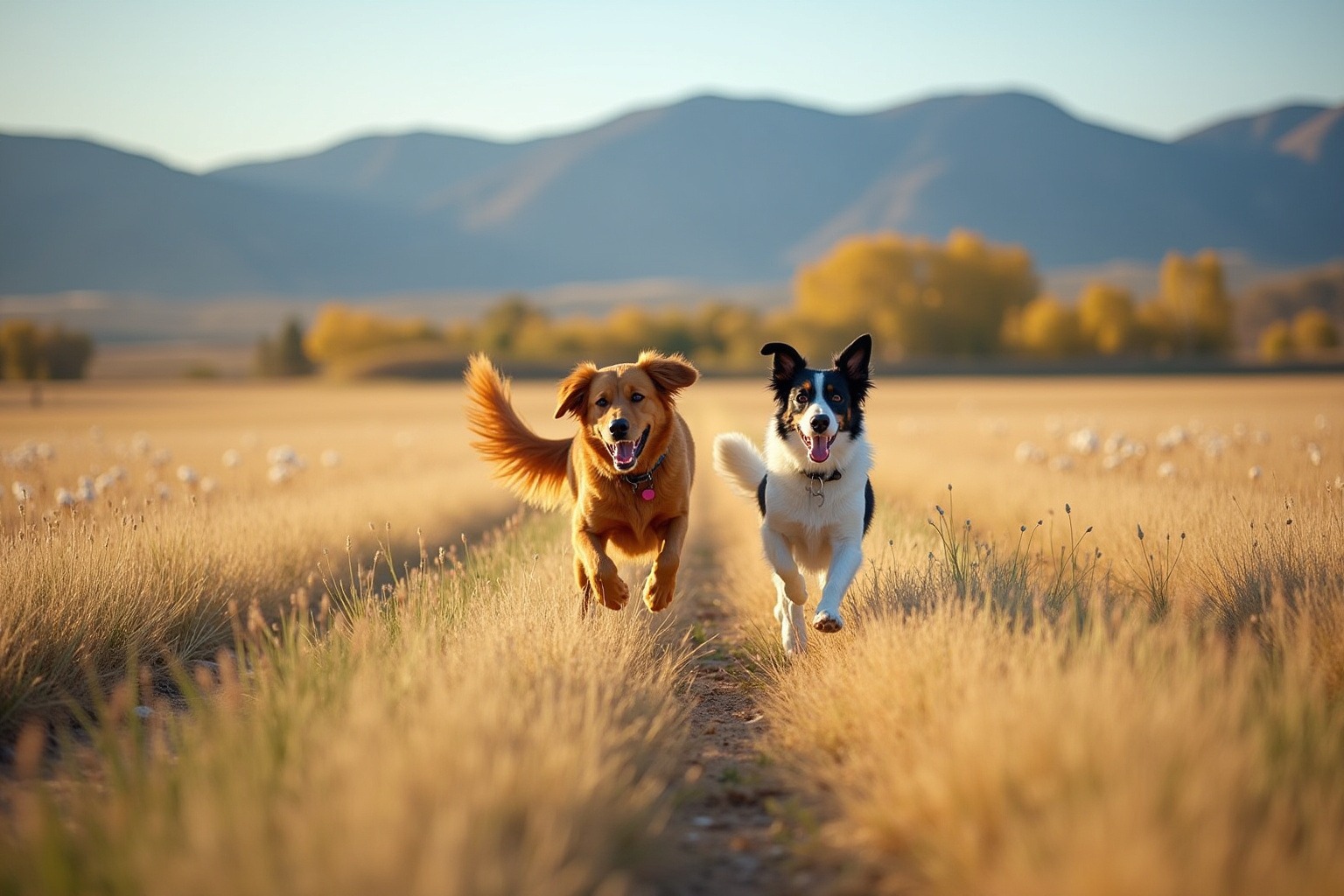 Happy dogs running off-leash at Cherry Creek State Park with Rocky Mountain foothills in background, golden hour light, Colorado landscape