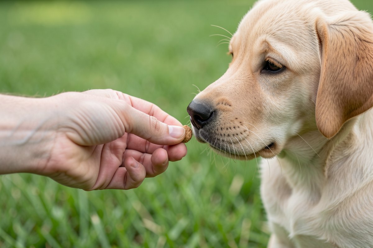 A happy puppy being led outside on a leash for potty training by a caring owner in a sunny backyard