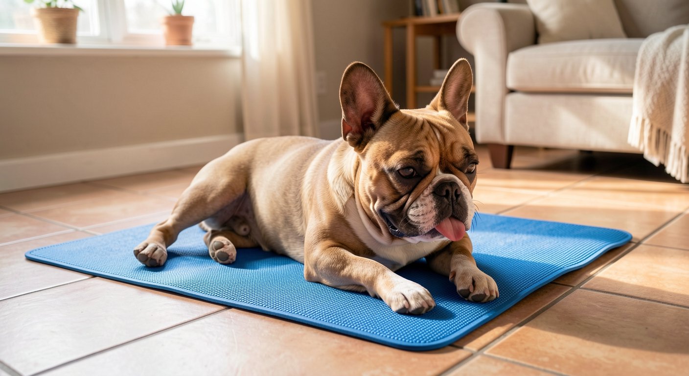 Dog Heatstroke: Signs, Prevention, and Emergency Response 3 French Bulldog resting on cooling mat, a brachycephalic breed at high heat risk