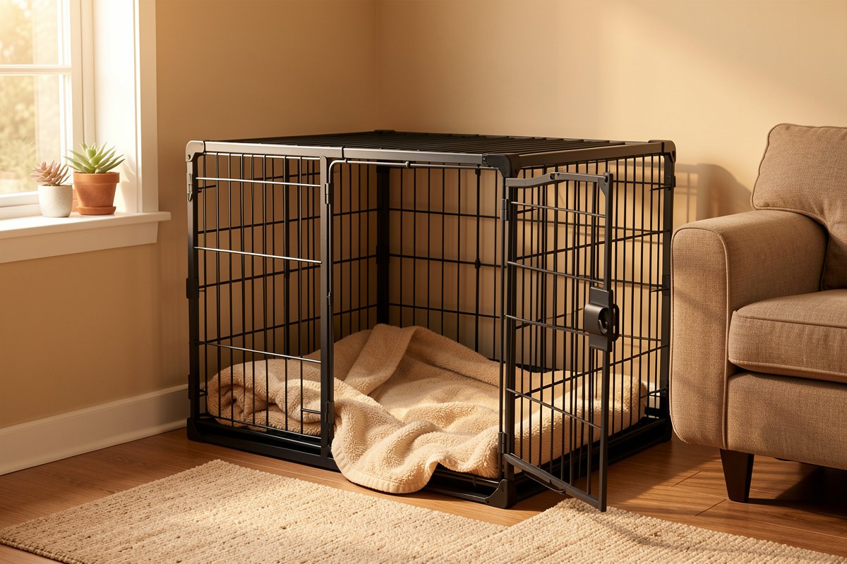 A clean, well-organized dog potty area with puppy pads and cleaning supplies arranged neatly