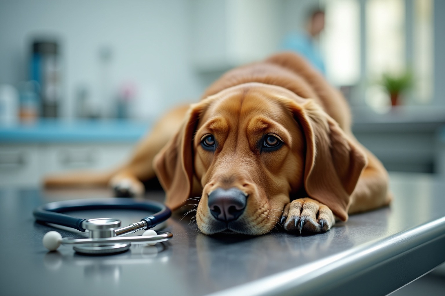 Brown dog calmly resting on a stainless steel veterinary exam table with stethoscope nearby, clean modern vet clinic