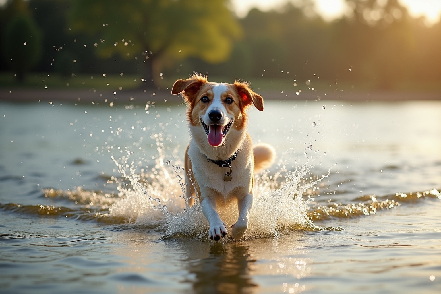 Dog splashing into Lady Bird Lake at Red Bud Isle, one of the best dog parks Austin has to offer