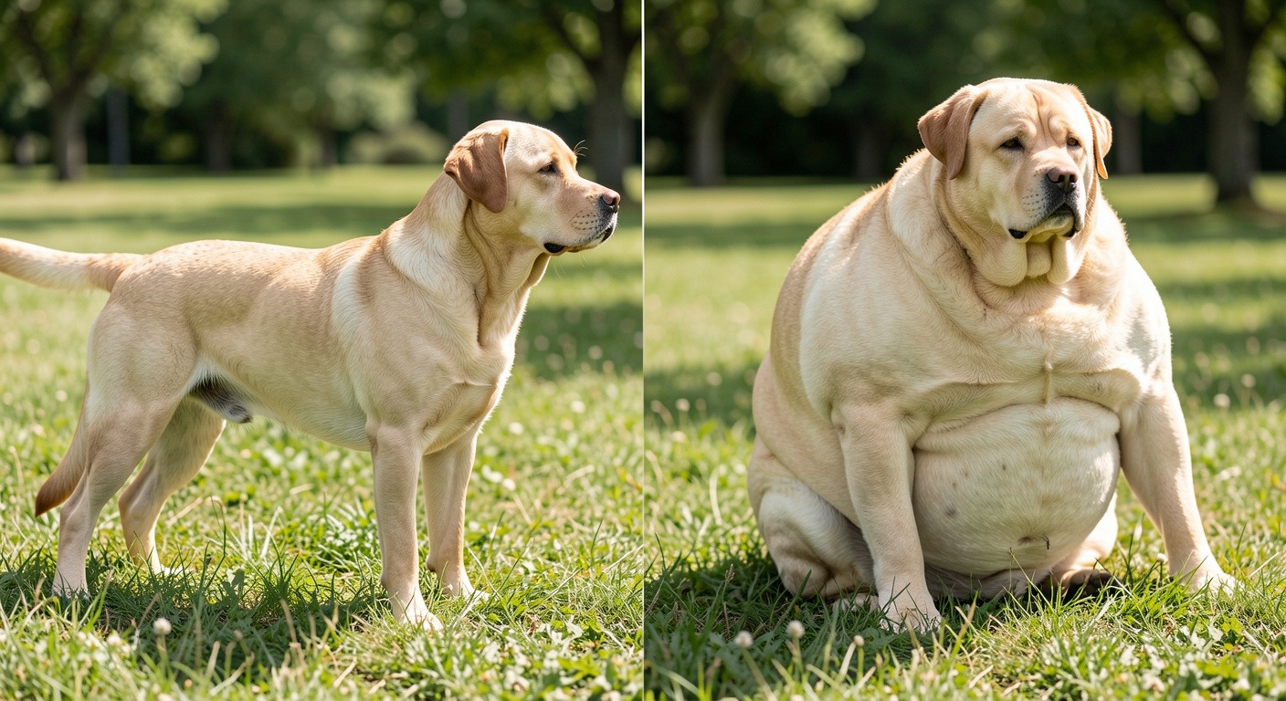 How Much to Feed Your Dog: Complete Portion Guide by Age, Weight, and Breed 6 Side-by-side comparison of healthy-weight and overweight Labrador Retriever showing waist tuck difference