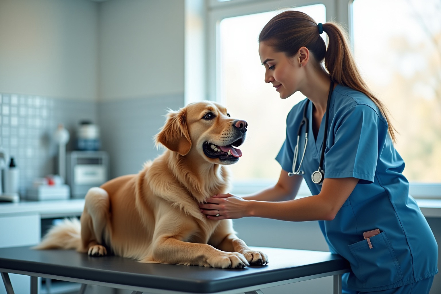Female veterinarian in blue scrubs gently examining a Golden Retriever on an exam table in a clean modern veterinary clinic