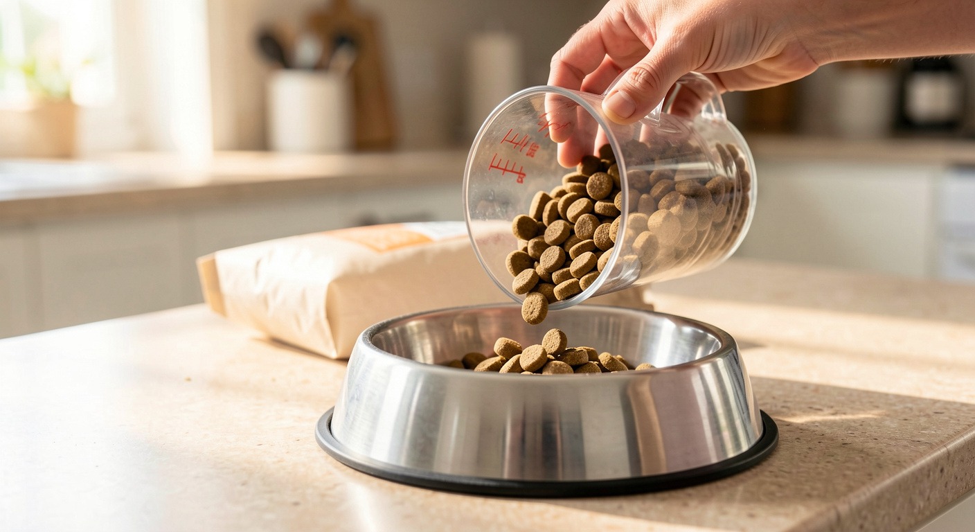 How Much to Feed Your Dog: Complete Portion Guide by Age, Weight, and Breed 4 Person measuring dry dog kibble with a standard measuring cup into a dog bowl