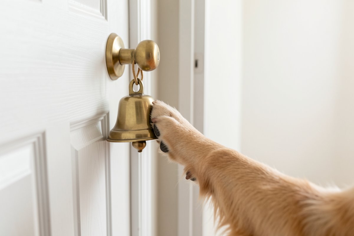 A dog owner happily rewarding their puppy with a treat outdoors after successful potty training