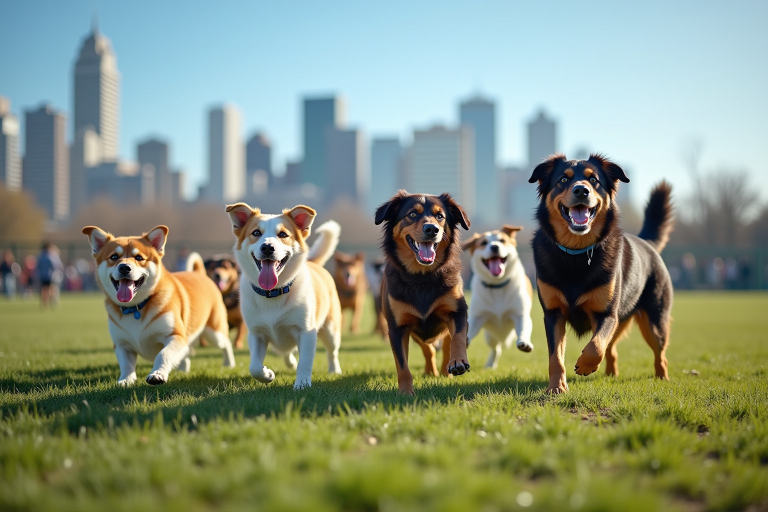 Best Dog Parks in Denver: Off-Leash Areas, Trails & Tips 2026 2 Dogs playing in fenced dog park with Denver skyline visible, happy social dogs, morning light