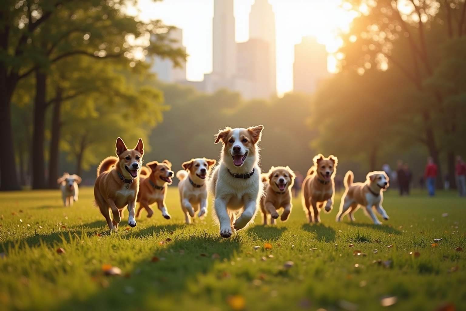 Happy dogs running off-leash in Central Park New York City with skyline visible, morning golden light, urban park setting