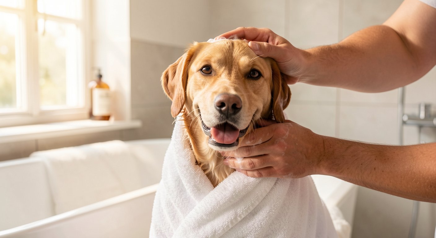 How to Groom Your Dog at Home: Complete Beginner's Guide 4 Happy clean dog wrapped in a fluffy towel after a bath being dried by an owner in a bright bathroom