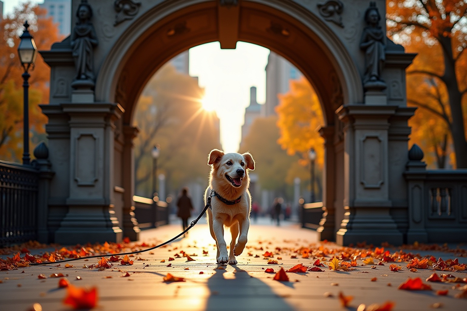 Best Dog Parks in New York City: Off-Leash Areas, Trails & Tips 2026 4 Dog walking on leash through Washington Square Park arch in autumn, golden leaves, NYC