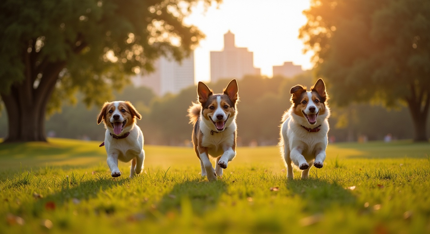 Happy dogs playing off-leash at an Austin dog park under oak trees with golden afternoon sunlight
