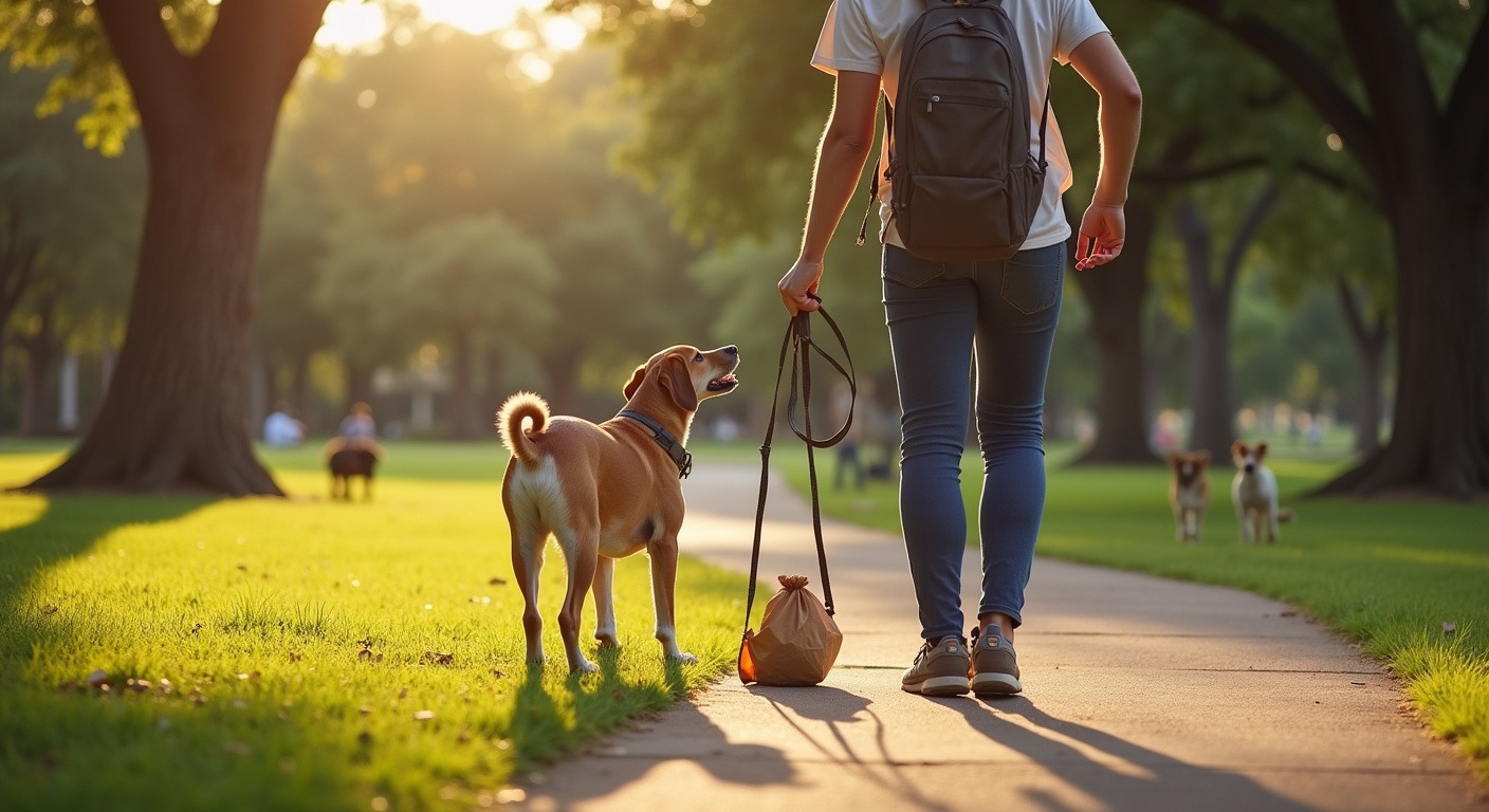 Responsible dog owner picking up after their dog at a sunny Austin park with other dogs playing in the background